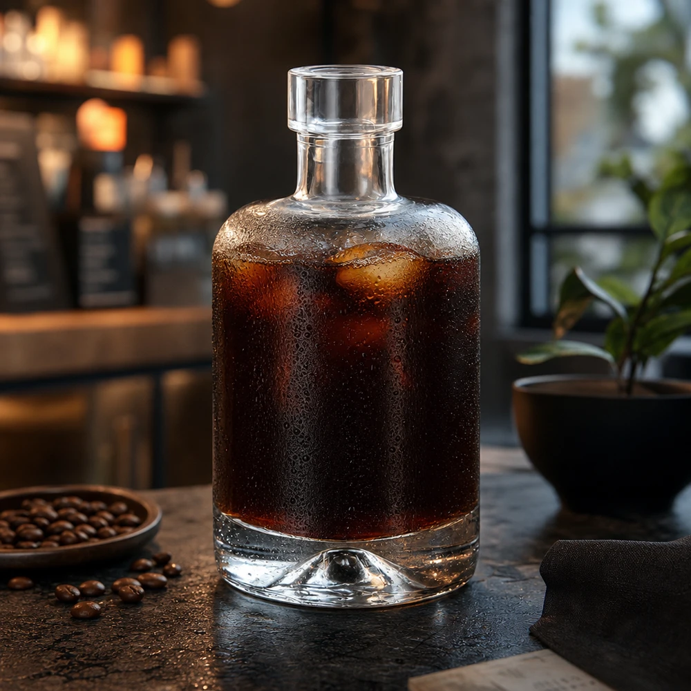 Bottiglia in vetro da 50 ml 50ml Glasflasche "Amelie" ohne Verschluss UNiTWIST senza tappo UNiTWIST® Bottiglia di vetro da 50 ml Amelie riempita di caffè freddo accanto a chicchi di caffè mostra l'uso per bevande e liquori