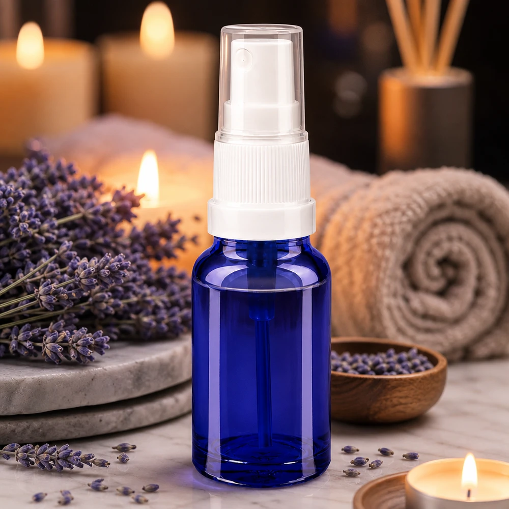 Flacone spray da 10 ml bianco/tr. STD BlueLine UT18/10 Flacone spray blu di alta qualità da 10 ml con attacco bianco per spray per ambienti e tonici
