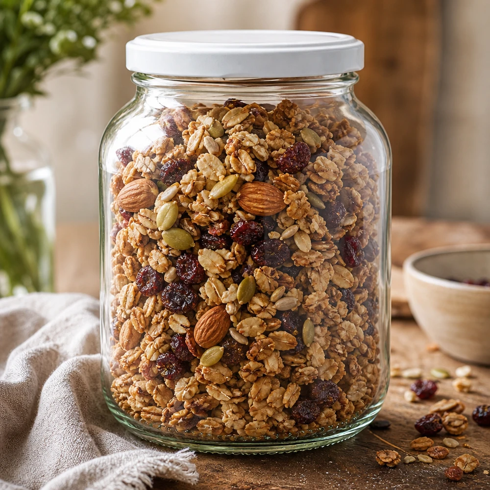 Vasetto ovale da 370 ml con coperchio BasicSeal bianco UNiTWIST Barattolo ovale UNiTWIST da 370 ml con coperchio bianco pieno di muesli noci frutta secca granola barattolo di stoccaggio cucina
