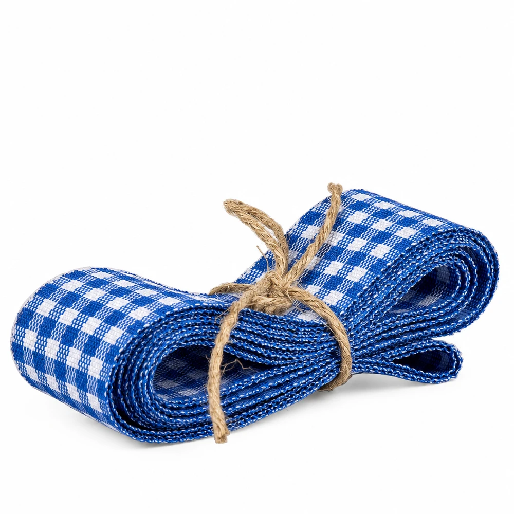 Nastro in tessuto blu/bianco per decorazioni, 300 cm Nastro in tessuto a scacchi blu e bianchi lungo 300 cm arrotolato con cordoncino di iuta per decorazioni e artigianato