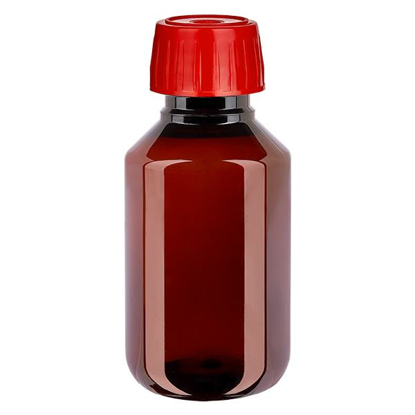 Bottiglia in PET da 100ml con tappo a vite per degassificazione di colore rosso Bottiglia in PET da 100ml con tappo a vite per degassificazione di colore rosso