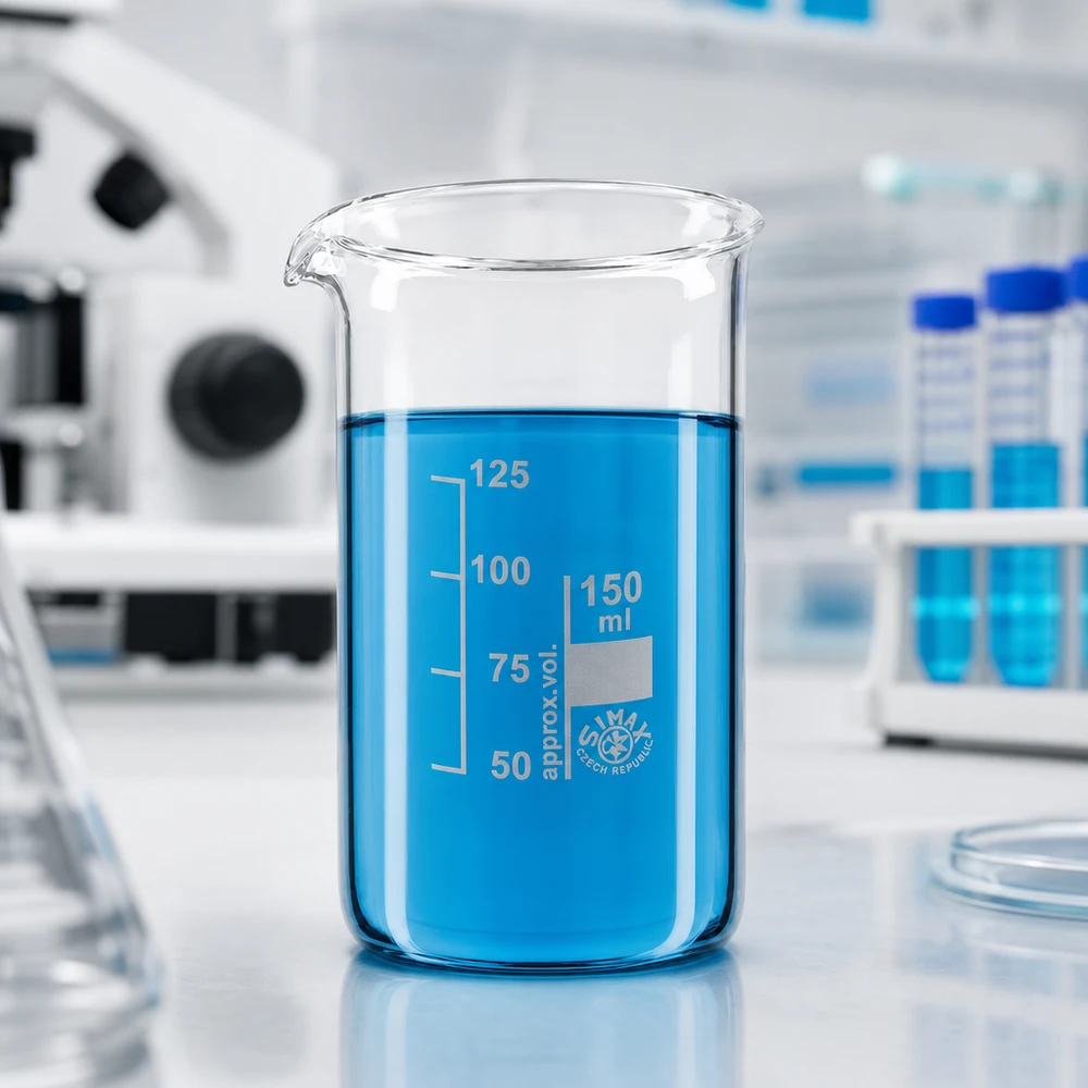 Becher da laboratorio da 150 ml, modello alto, con liquido blu su un piano di lavoro bianco