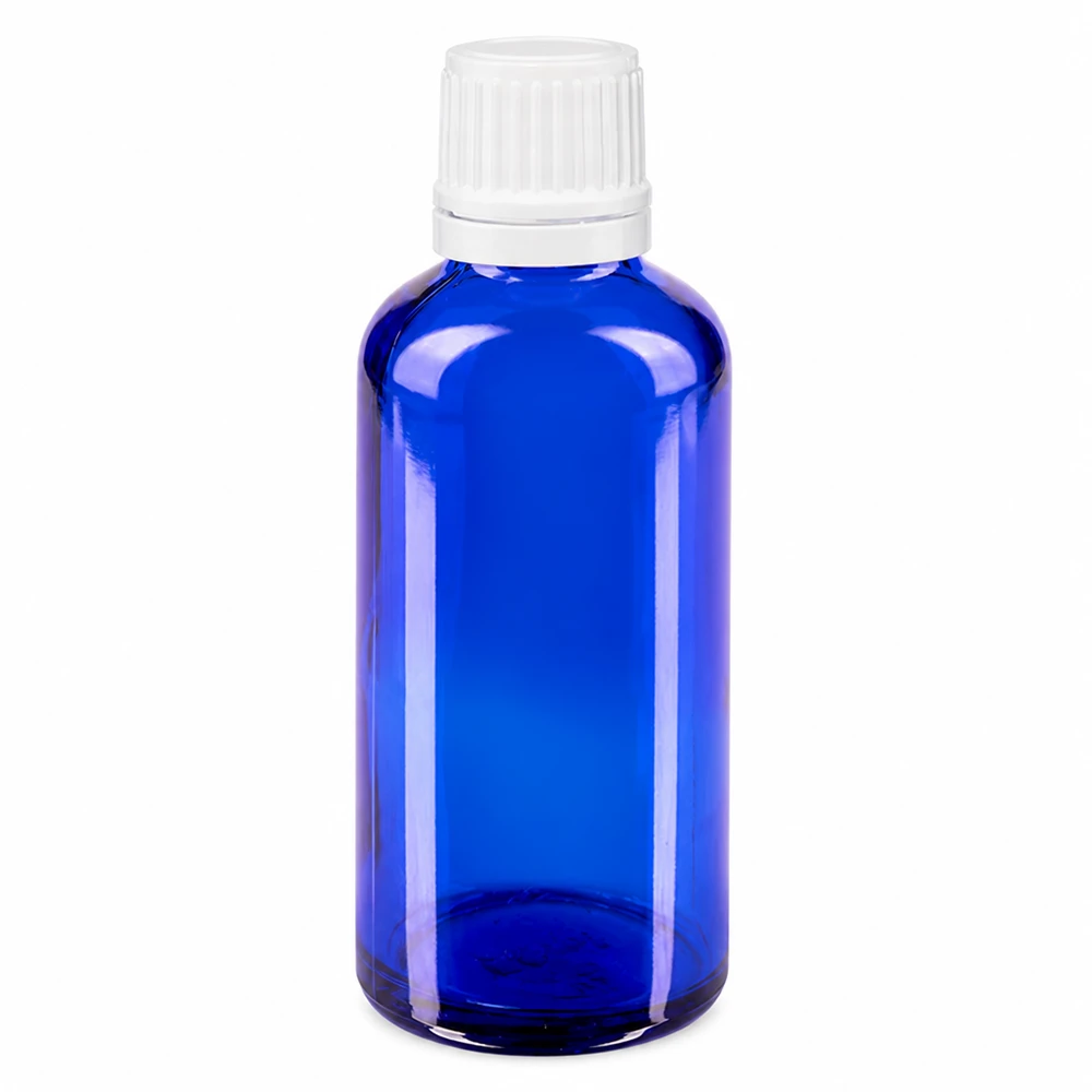 Flacone contagocce blu da 50ml OV bianco/0,7mm ApoGlas Flacone da farmacia in vetro blu da 50 ml con tappo contagocce bianco, 0,7 mm OV