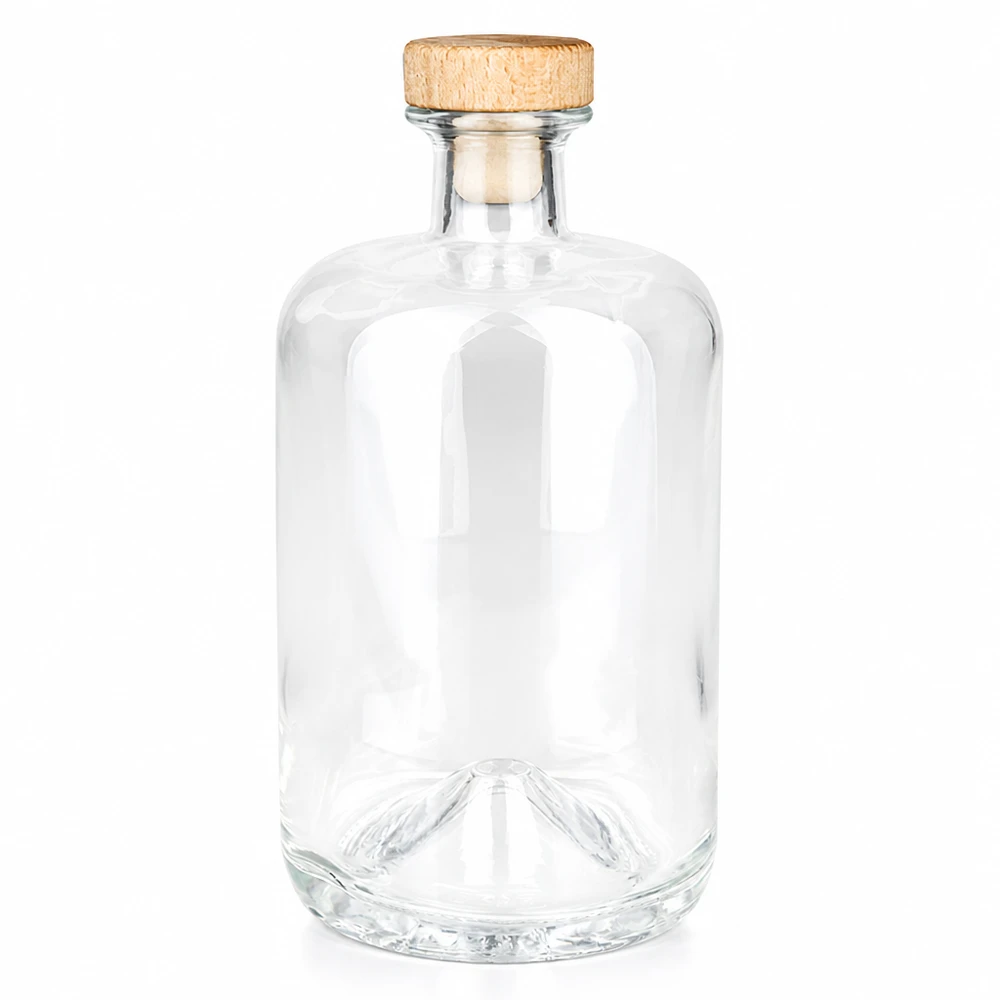 Flacone farmaceutico da 700 ml Sofia con tappo in sughero con impugnatura in legno UNiTWIST® Bottiglia di vetro Sofia da 700 ml con manico in legno e tappo in sughero UNiTWIST trasparente vuota su sfondo bianco