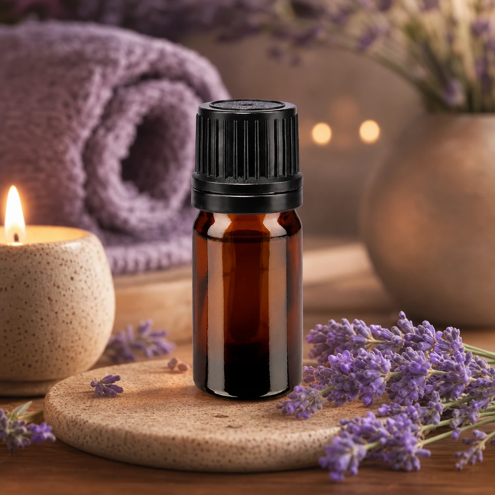 Flacone 5ml marrone (Glo.) GR OV nero/8mm ApoGlas Flacone da farmacia marrone da 5 ml con tappo contagocce nero, davanti a fiori di lavanda e una candela