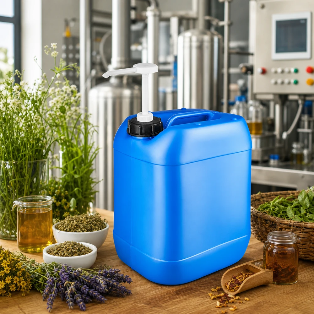 Tanica 20 litri blu con pompa dosatrice Tanica blu da 20 litri con pompa dosatrice, circondata da erbe aromatiche, lavanda e oli essenziali su un tavolo di legno