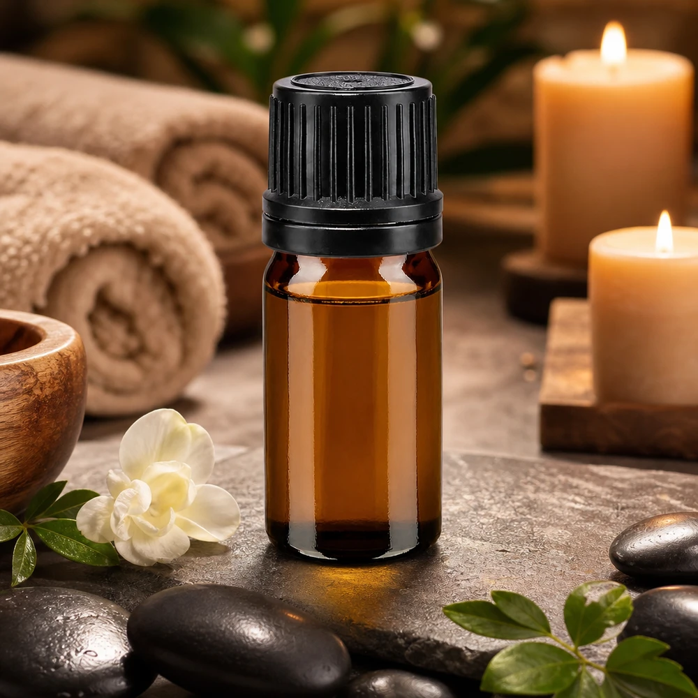 Flacone 5ml marrone (Glo.) GR OV nero/8mm ApoGlas Flacone di vetro da 5 ml color ambra con tappo OV nero, su pietre da massaggio e un fiore bianco