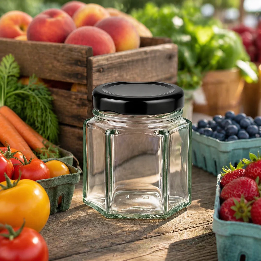 Barattolo hexa da 47 ml con coperchio BasicSeal nero UNiTWIST. Bicchiere hexa vuoto da 47 ml con coperchio nero su un tavolo di legno circondato da frutta e verdura fresca in una scena rurale