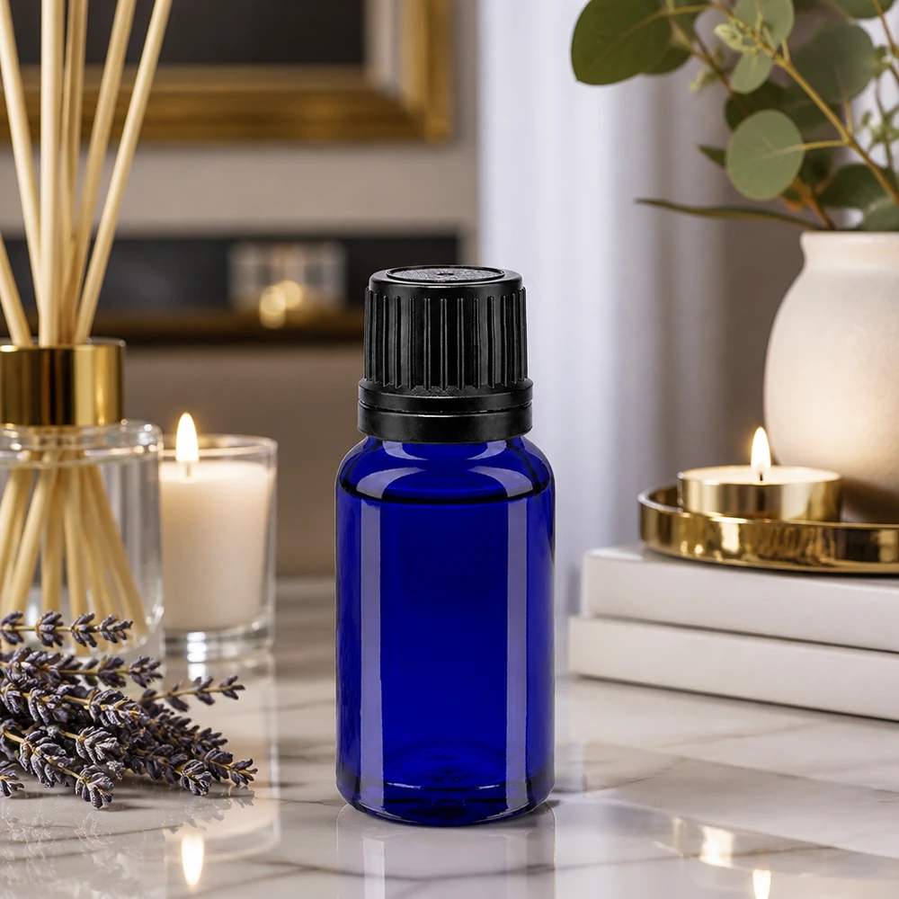 Flacone in vetro da 10 ml blu cobalto con tappo originale nero per oli essenziali e aromaterapia