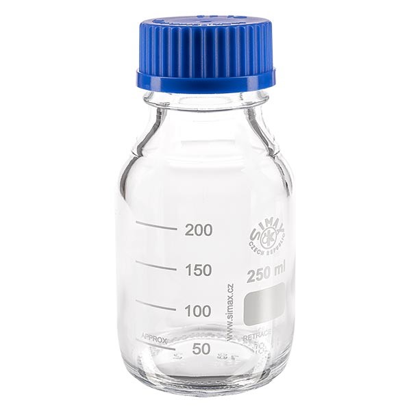 Bottiglia filettata da laboratorio 250ml con tappo, borosilicato