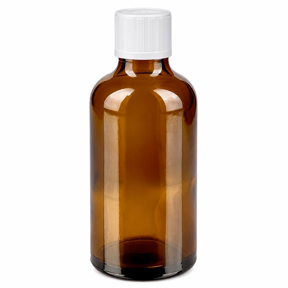 Flacone da farmacia marrone da 50 ml con tappo di sicurezza per bambini bianco, realizzato in vetro ambrato di alta qualità