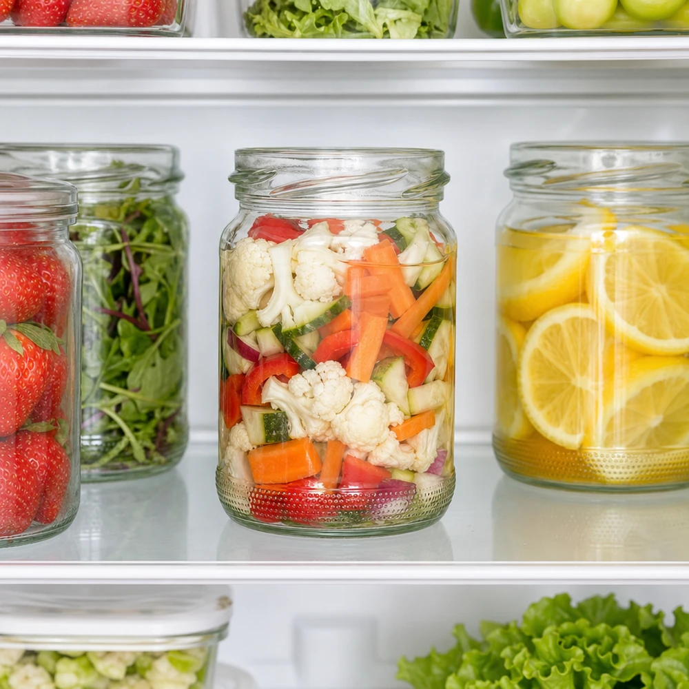 UNiTWIST Runda110 - Barattolo rotondo capacità 110ml TO48 UNiTWIST Runda110 vaso rotondo 110ml TO48 con verdure in frigorifero per la conservazione degli alimenti