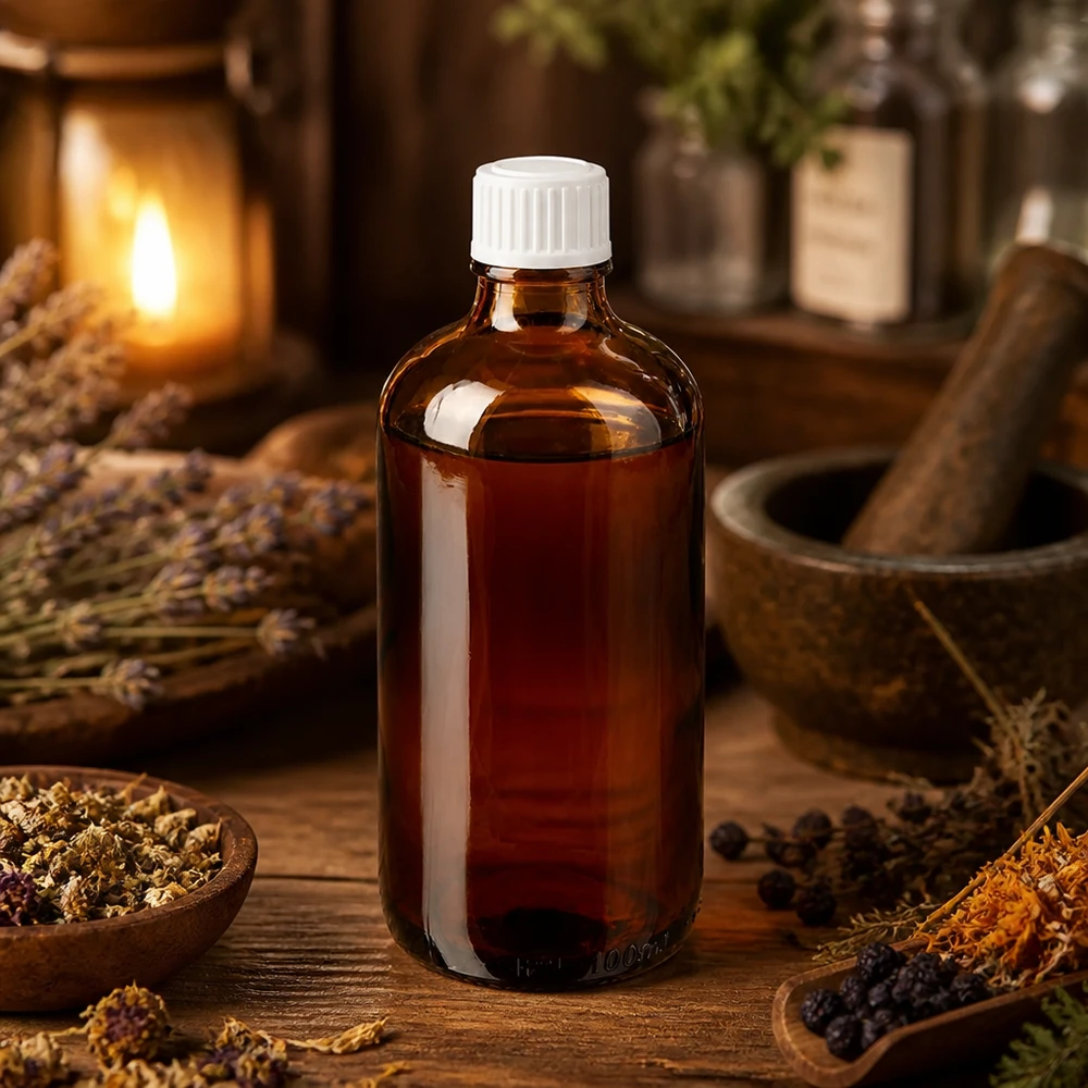 Flacone di vetro marrone da 100 ml con tappo bianco, circondato da erbe aromatiche, lavanda e un mortaio su un tavolo di legno