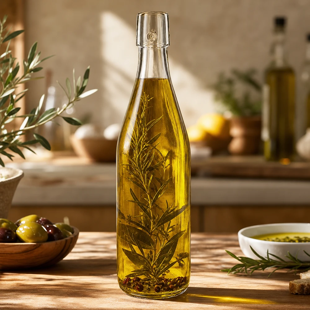 Bottiglia in vetro da 500 ml senza tappo UNiTWIST Bottiglia in vetro UNiTWIST da 500 ml riempita con olio d'oliva ed erbe aromatiche nella cucina mediterranea come esempio di utilizzo