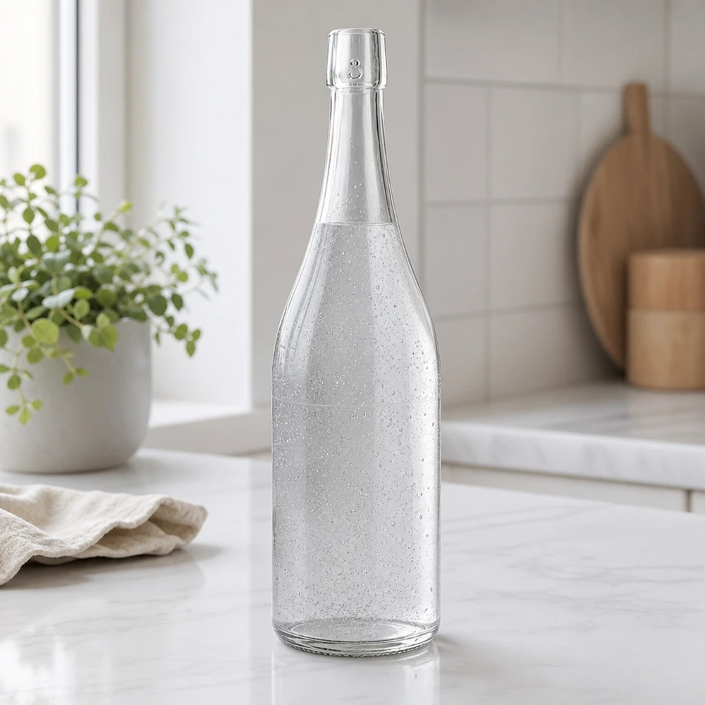 Bottiglia in vetro da 750 ml senza tappo UNiTWIST Bottiglia di vetro UNiTWIST da 750 ml riempita di acqua frizzante ambiente moderno cucina piano di lavoro in marmo bianco