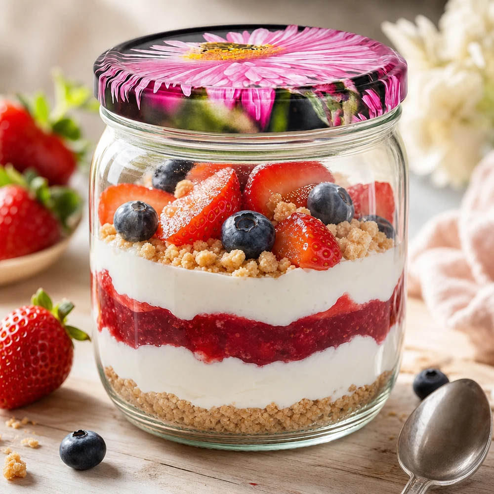 Bicchiere rotondo da 425 ml con coperchio a fiore BasicSeal come bicchiere da dessert con dessert a strati allo yogurt ai frutti di bosco e zuccherini