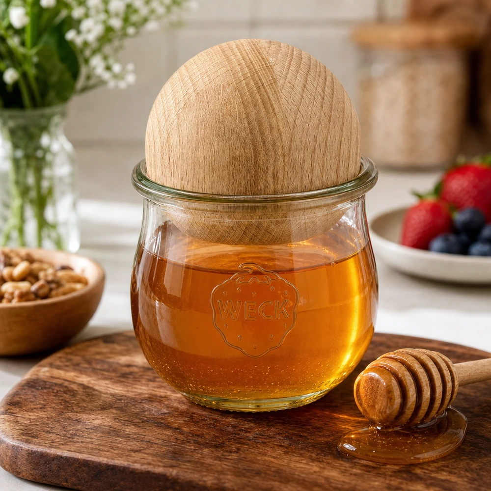 Vaso a tulipano WECK RR80 370ml con sfera di faggio come vasetto per il miele con cucchiaio per il miele su tavola di legno in cucina naturale