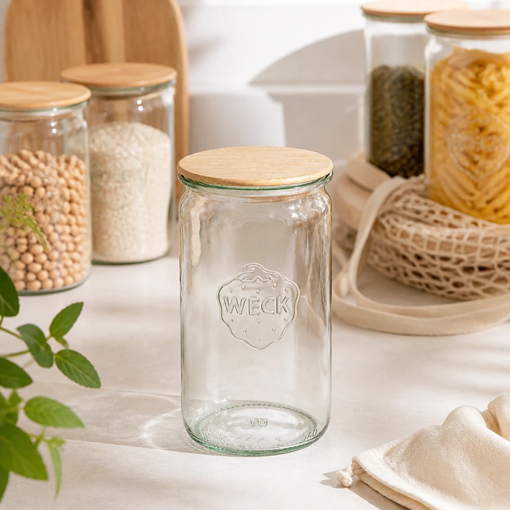 WECK vaso cilindrico 340ml RR60 vuoto trasparente con coperchio in legno in attrezzature da cucina moderne con vasi di stoccaggio
