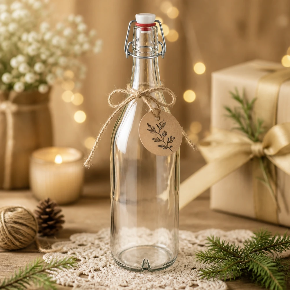 Bottiglia di vetro da 1000 ml + tappo girevole in PVC UNiTWIST Bottiglia di vetro da 1000 ml in PVC con tappo oscillante decorata per Natale con etichetta regalo Decorazione invernale in stile rustico