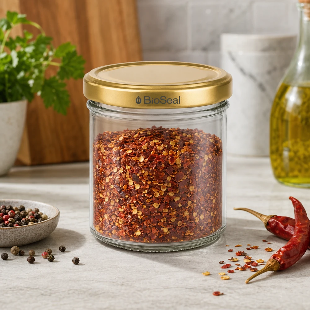 Vasetto per miele da 200 g con capsula dorata BioSeal UNiTWIST BioSeal Barattolo per spezie da 200 g con fiocchi di peperoncino Coperchio dorato Scena di cucina con grani di pepe e peperoncino
