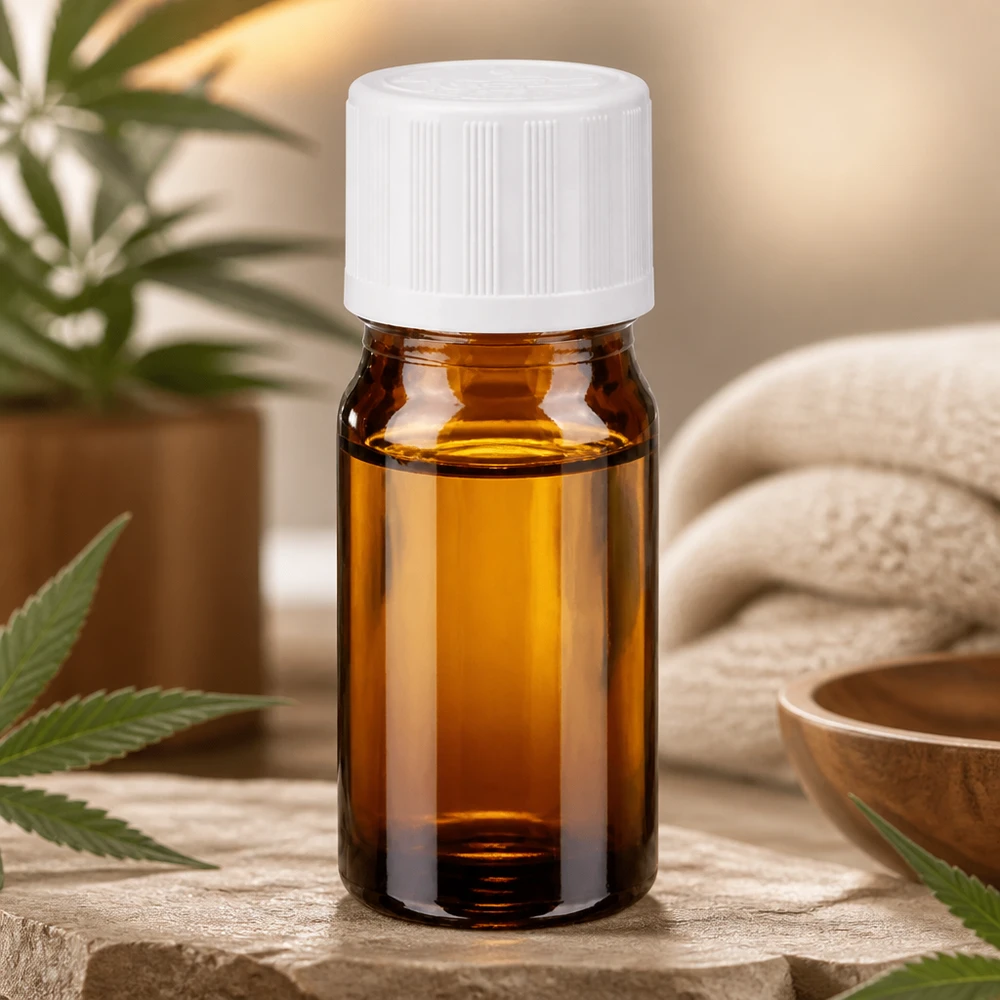 Contagocce marrone da 5ml. STD KiSi bianco/1,2 mm ApoGlas Flacone contagocce da 5 ml color ambra con tappo bianco KiSi, posato tra foglie di cannabis su una pietra naturale