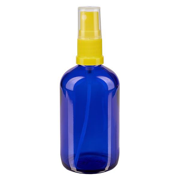 Flacone da 100 ml blu con attacco a spruzzo giallo/trasparente apoGlas Flacone da 100 ml blu con attacco a spruzzo giallo/trasparente apoGlas