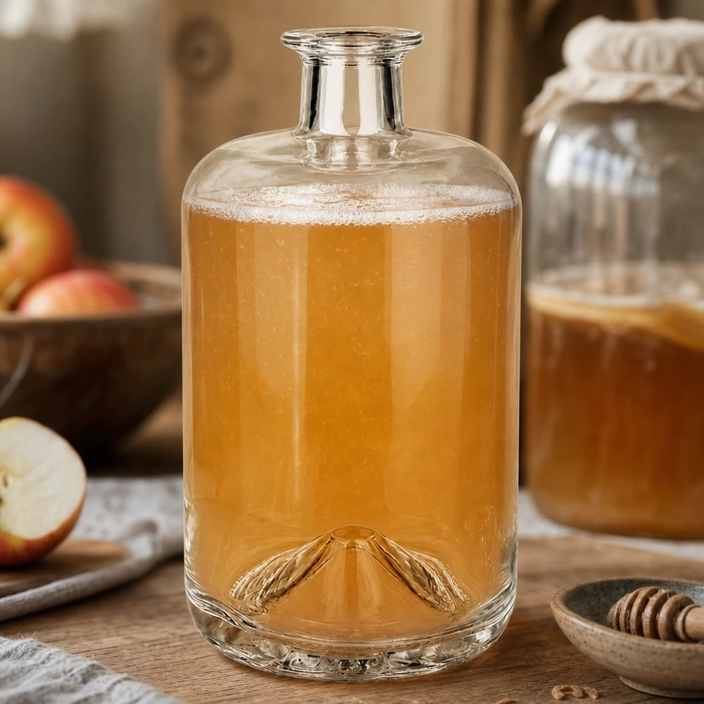 Bottiglia in vetro Sofia da 700 ml riempita di succo di mela, circondata da mele fresche e miele, scenario da cucina rustica