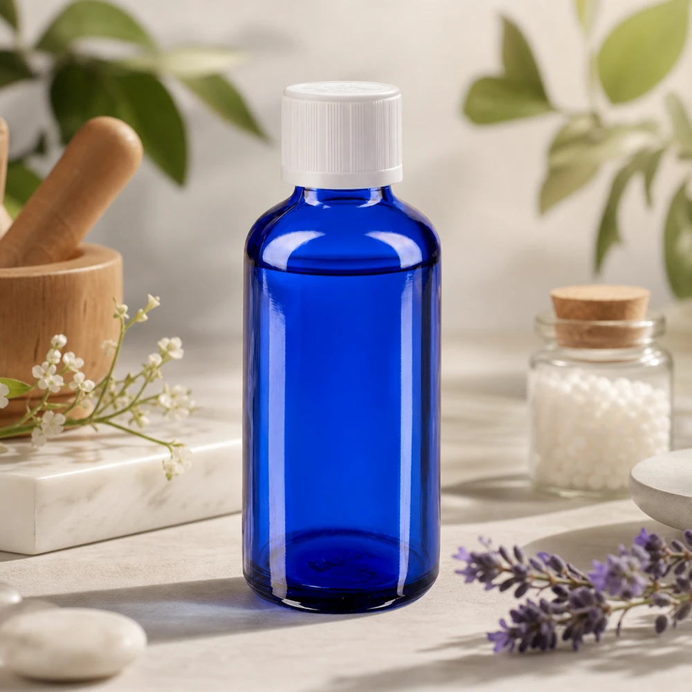 Contagocce blu da 50 ml. STD KiSi bianco/1,2mm ApoGlas Bottiglia di vetro blu da 50 ml con tappo a vite bianco accanto a un mortaio alla lavanda e a granuli omeopatici