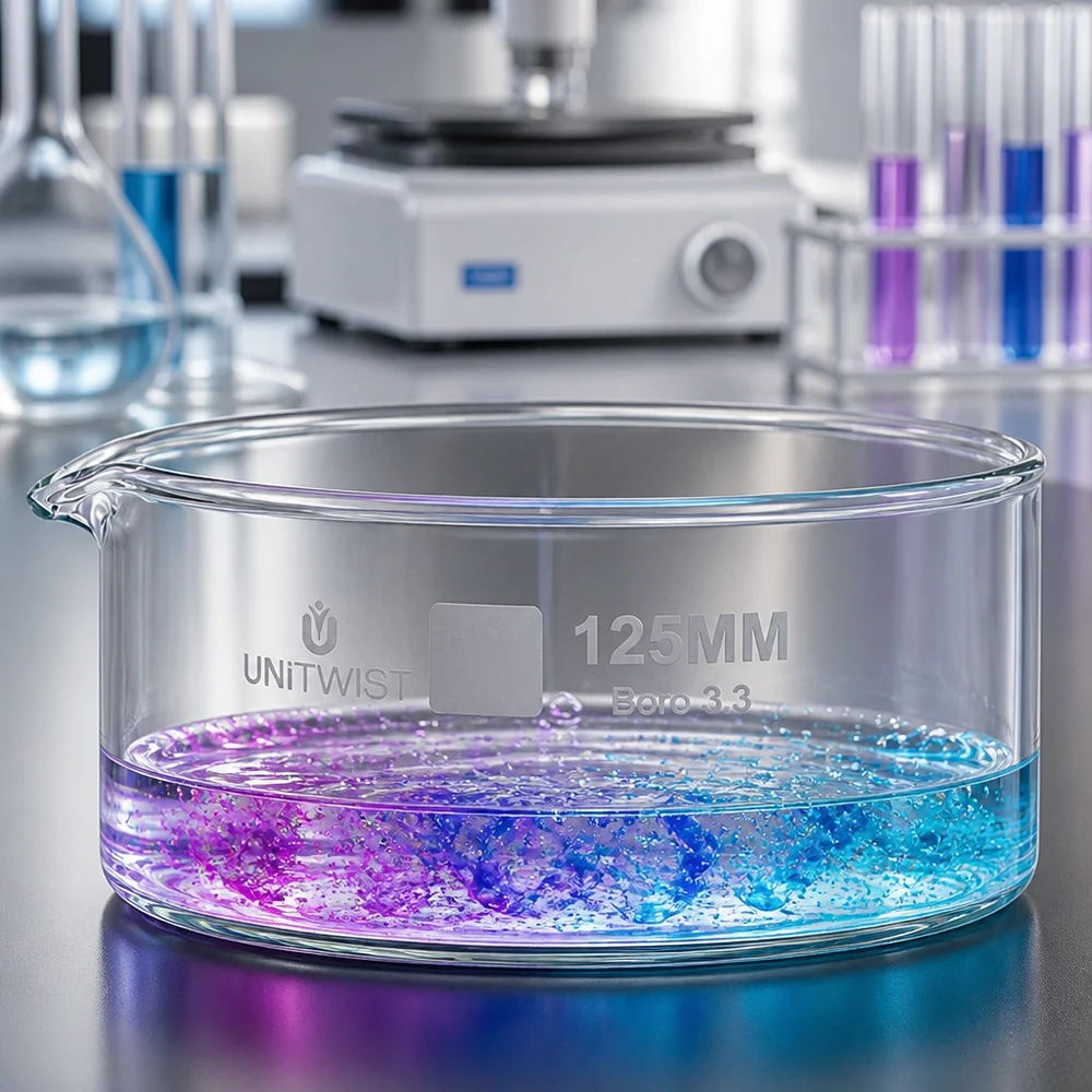 Piatto per cristallizzazione ø125mm in vetro borosilicato UNiTWIST Vaschetta di cristallizzazione da 125 mm UNiTWIST Boro 3.3 con soluzione di reazione blu-viola su un piano di laboratorio