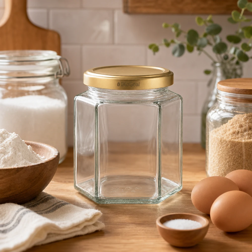 UNiTWIST Hexa390 con coperchio dorato TO70 BioSeal UNiTWIST Hexa390 barattolo vuoto con coperchio dorato BioSeal in cucina con ingredienti da forno farina uova e spezie