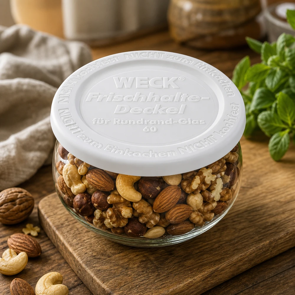 Coperchio WECK keep-fresh RR60 su barattolo per conserve con mix di noci Inserto da cucina Conservare gli alimenti a tenuta d'aria