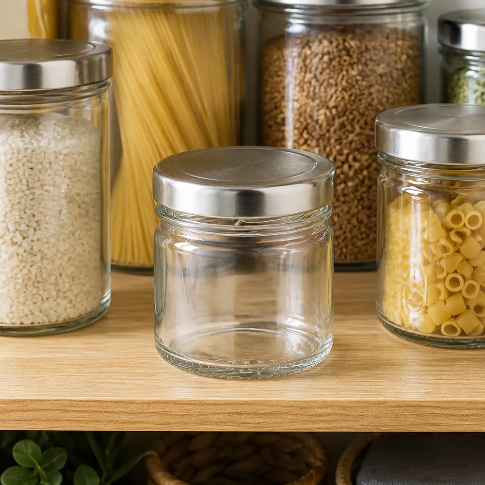 Vaso rotondo in vetro trasparente da 33 ml con coperchio metallico BasicSeal in una moderna dispensa da cucina