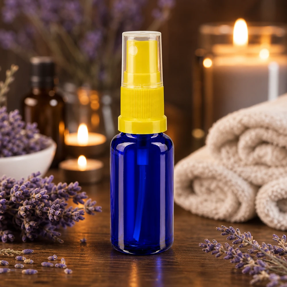 Flacone spray compatto per aromi da 20 ml in vetro da farmacia blu con erogatore giallo tra fiori di lavanda