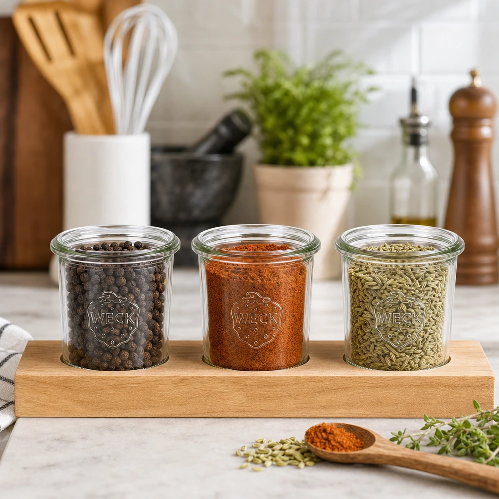 Spezie in tumbler WECK 140ml su tagliere Plano3 Grani di pepe Paprika Semi di finocchio Organizzazione di cucina