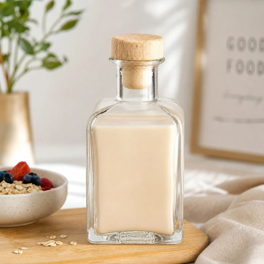 Bottiglia di vetro Clara da 200 ml riempita di latte d'avena Tappo di legno Ciotola per cereali Frutti di bosco Avena sana alimentazione colazione