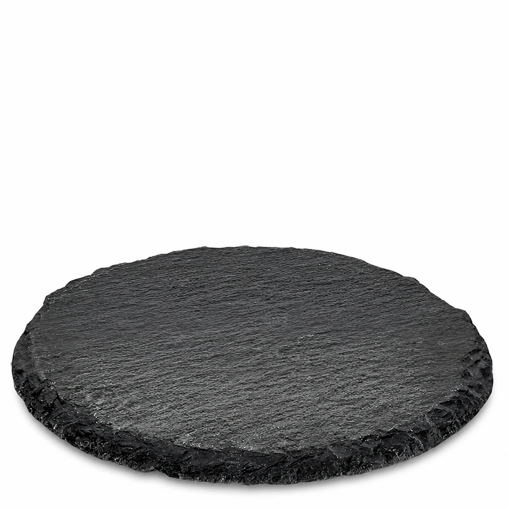 Piatto rotondo in ardesia nera di 15 cm di diametro come piatto da portata con struttura in pietra naturale e bordo ruvido