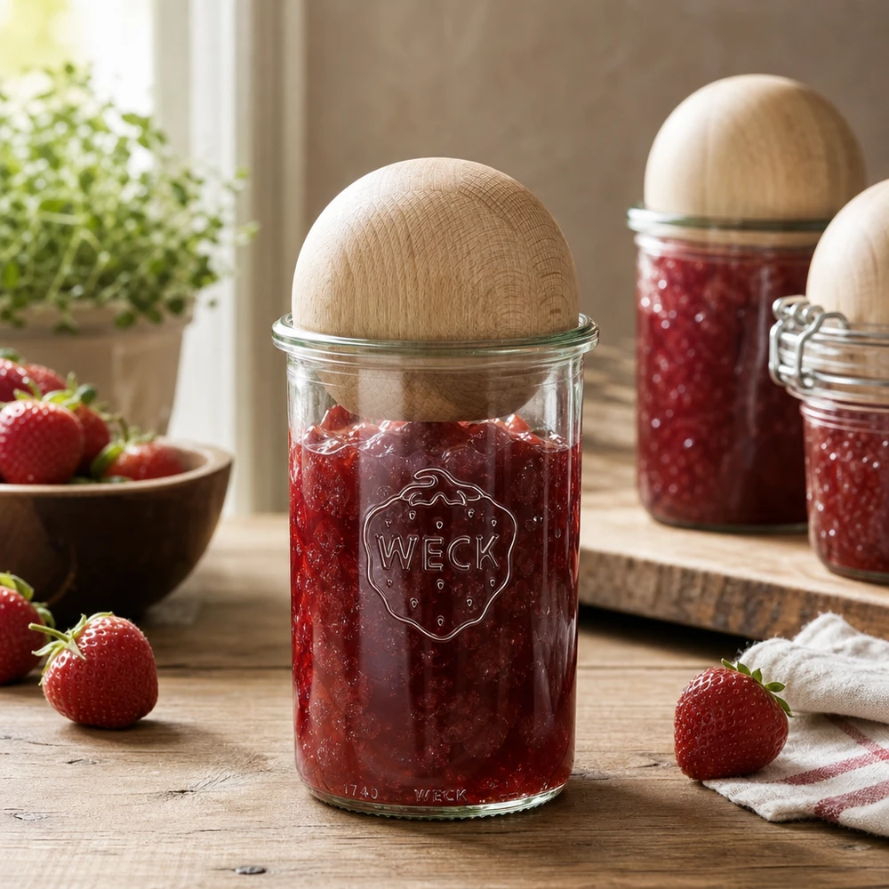 Vaso da conserva WECK da 1000 ml con marmellata di fragole e coperchio a sfera in legno in cucina rustica con fragole fresche