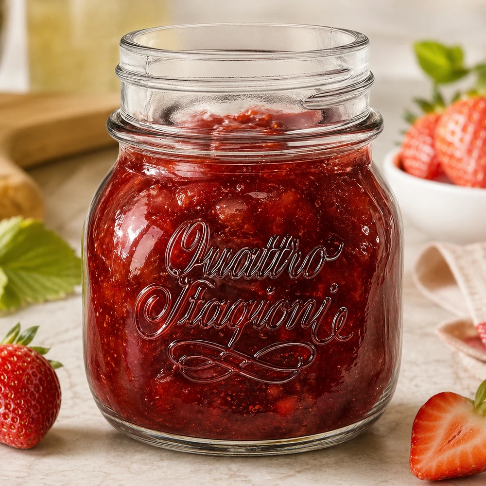 Vasetto Quattro Stagioni da 150 ml con marmellata di fragole rosse accanto a fragole fresche su un tavolo di legno