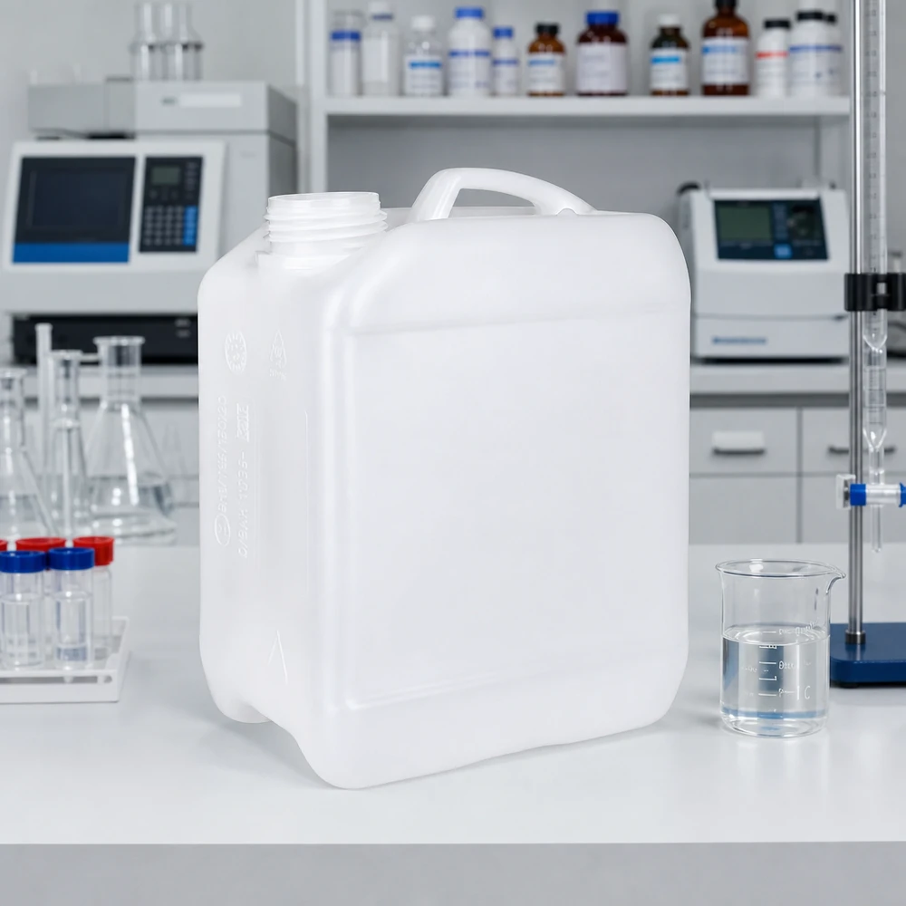 Tanica 2,5 litri senza tappo Contenitore rettangolare da 2,5 litri senza tappo su un piano di lavoro bianco da laboratorio accanto a un becher