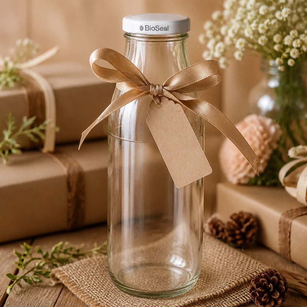 Bottiglia di vetro da 500 ml + coperchio BioSeal bianco UN.. Bottiglia di vetro vuota da 500 ml confezionata con fiocco marrone ed etichetta, coperchio BioSeal bianco