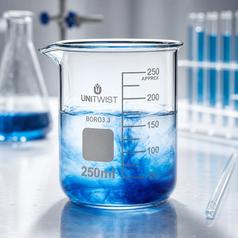 Becher da laboratorio trasparente da 250 ml, di forma bassa, con colorante blu che si disperde nell'acqua