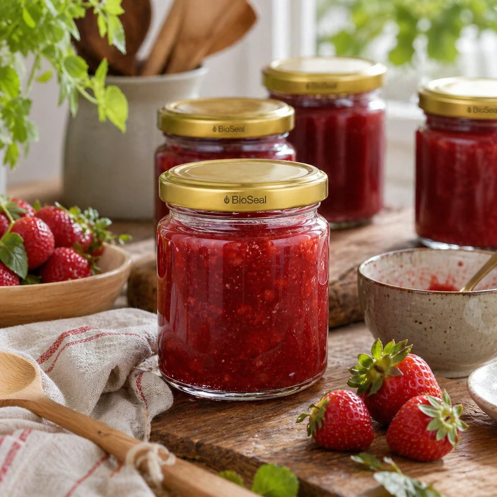 UNiTWIST Runda53 con coperchio dorato TO43 BioSeal Vasetti di marmellata UNiTWIST Runda53 con coperchio dorato TO43 BioSeal riempiti di marmellata di fragole accanto a fragole fresche