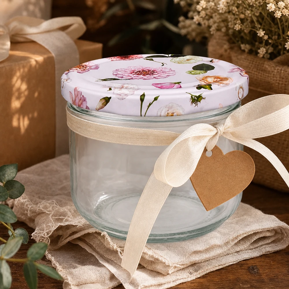 Bicchieri da 260 ml + coperchio BasicSeal rosa fiore UNiTWIST Sturzglas 260ml mit rosa Blumendeckel als Geschenkverpackung - dekoratives Einmachglas mit Schleife und Herzanhänger