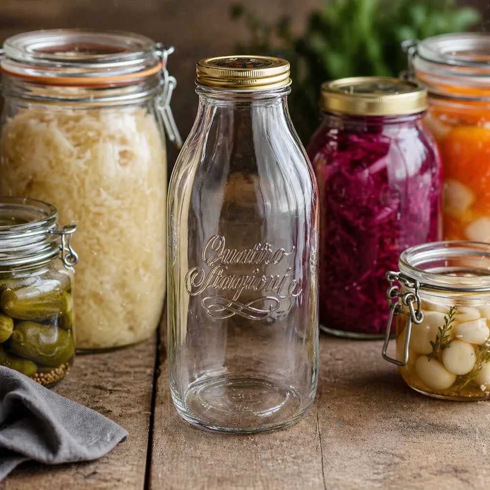 Bottiglia in vetro da 1000ml "Quattro Stagioni" con coperchio Quattro Stagioni 1000ml bottiglia in vetro tra vasi per conserve con verdure fermentate e cibi in salamoia