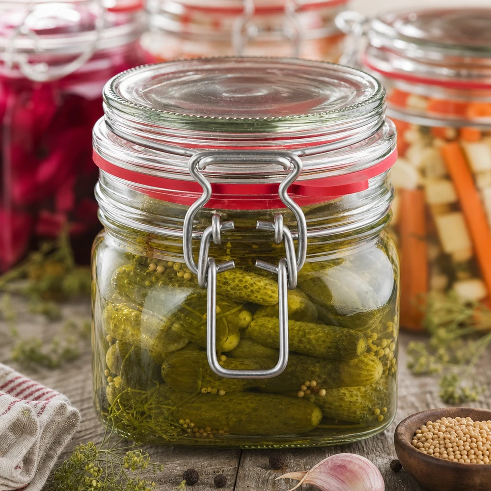 Barattolo per conserve da 370 ml con coperchio basculante, perfetto per la conservazione di cetrioli e verdure.