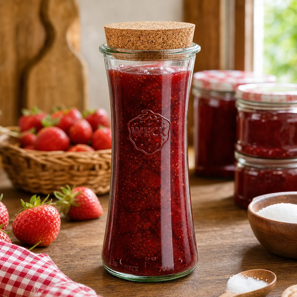 Vaso da 700 ml per gastronomia WECK RR80 con tappo in sughero naturale Vaso da conserva WECK RR80 da 700 ml con coperchio in sughero riempito di marmellata di fragole su un tavolo di legno accanto a fragole fresche