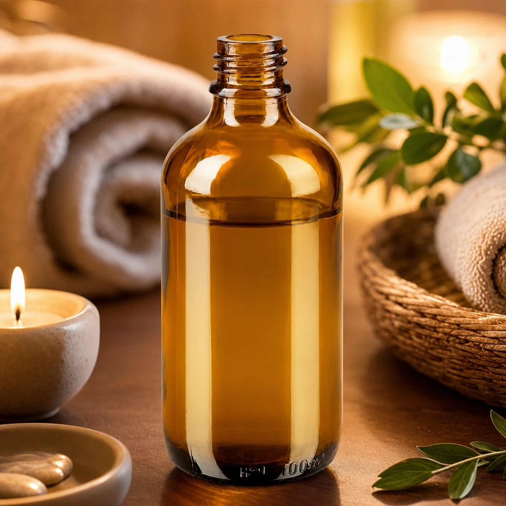 Flacone da farmacia ApoGlas marrone da 100 ml in un caldo ambiente di benessere con asciugamani a candela e foglie verdi