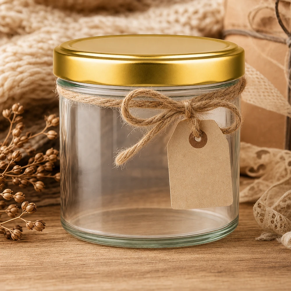 Barattolo cilindrico da 230 ml con coperchio BasicSeal oro UNiTWIST. Barattolo cilindrico da 230 ml con coperchio dorato decorato con fiocco di iuta ed etichetta in carta kraft rustica