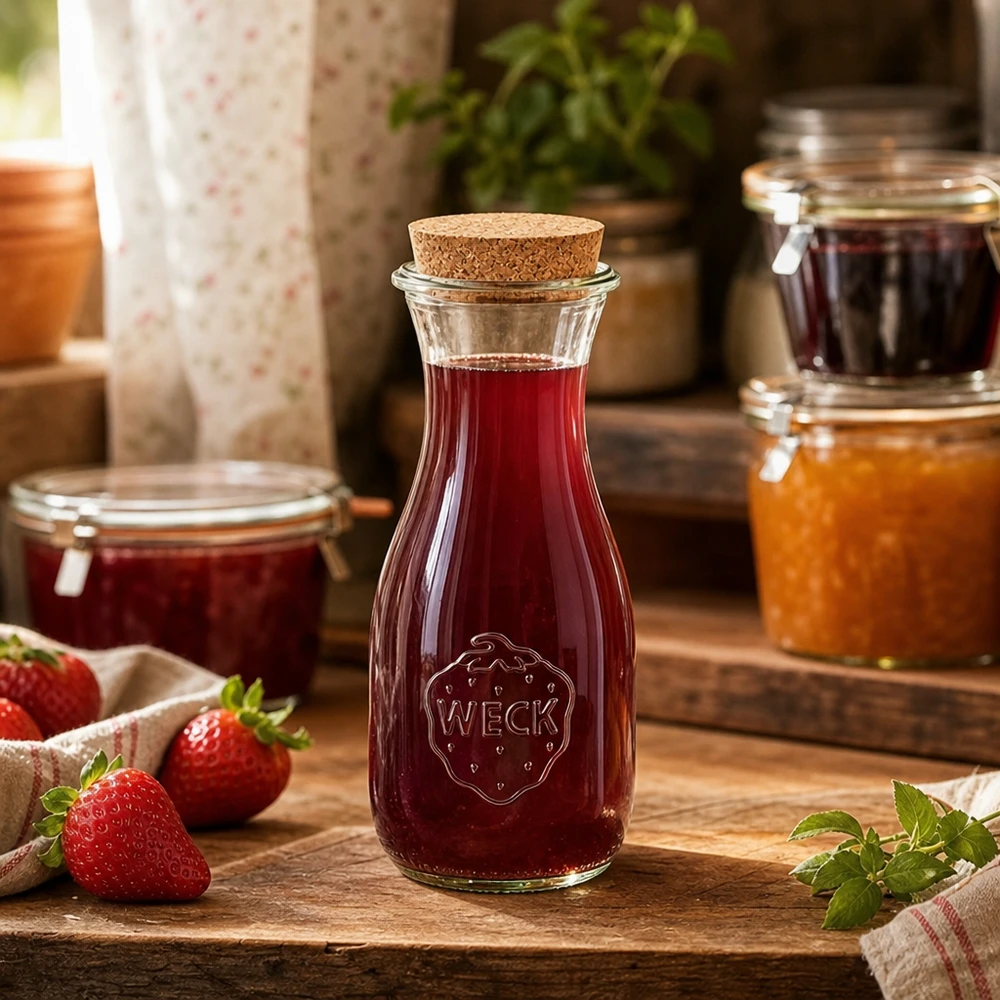 Bottiglia di succo WECK da 530 ml riempita di succo rosso su un tavolo di legno accanto a vasetti di marmellata e fragole fresche Cucina