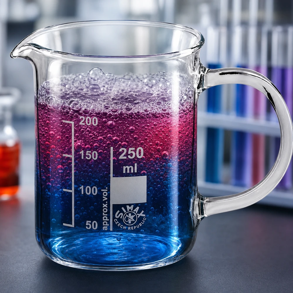 Bicchiere da 250 ml in vetro borosilicato, con manico Bicchiere da laboratorio da 250 ml con manico, contenente un liquido blu-viola con bolle, in un ambiente di laboratorio